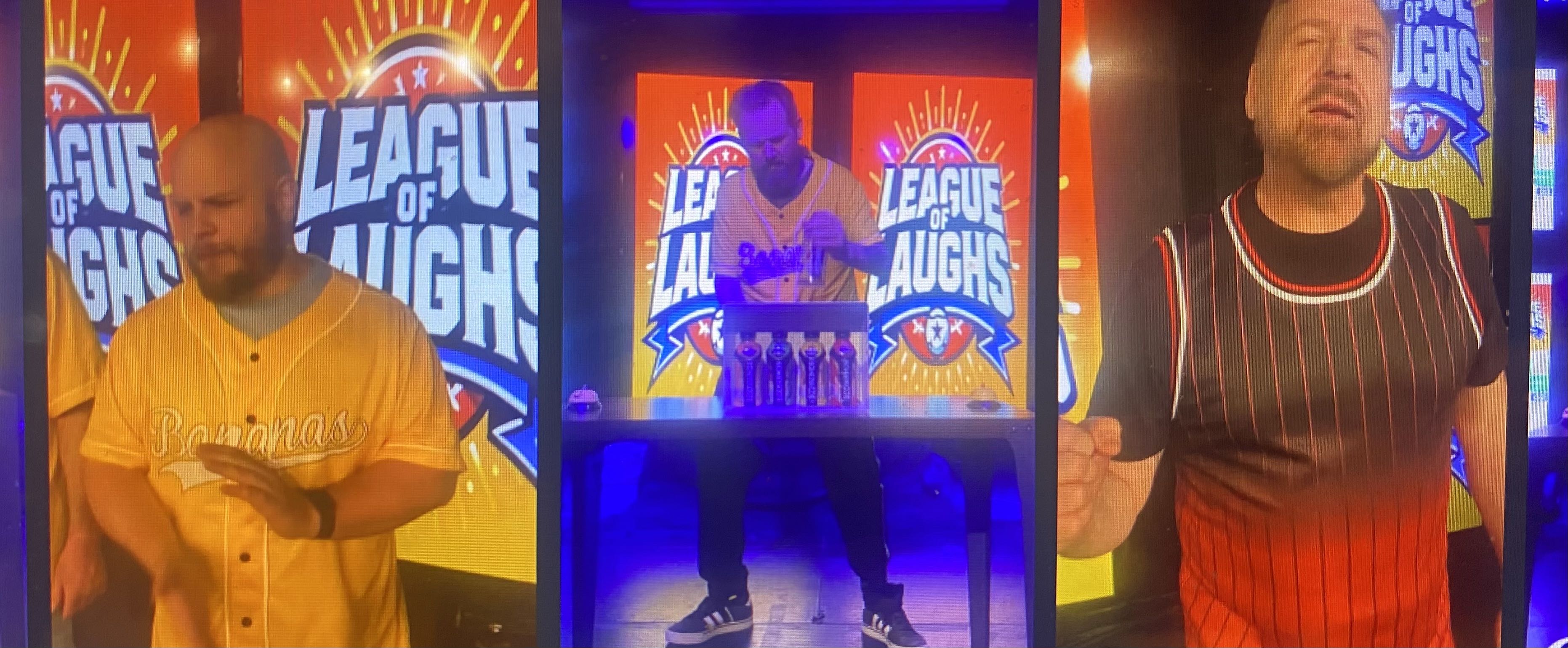 Three-panel Comedy Loco stage triptych: a performer in a yellow Bananas jersey, the same night at a table of bits under League of Laughs screens, and a performer in a black pinstripe jersey